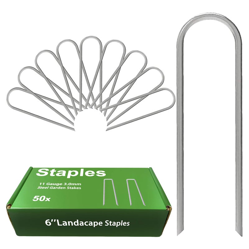 AAGUT 6 Inch Landscape Stakes 50 Pack Garden Drip Irrigation Tubing Stakes Heavy Duty 11 Gauge Galvanized Ground Staples Lawn U Hooks for Soaker Hose, Chicken Wire, Chain Link Fence, Dog Fence - Image 1